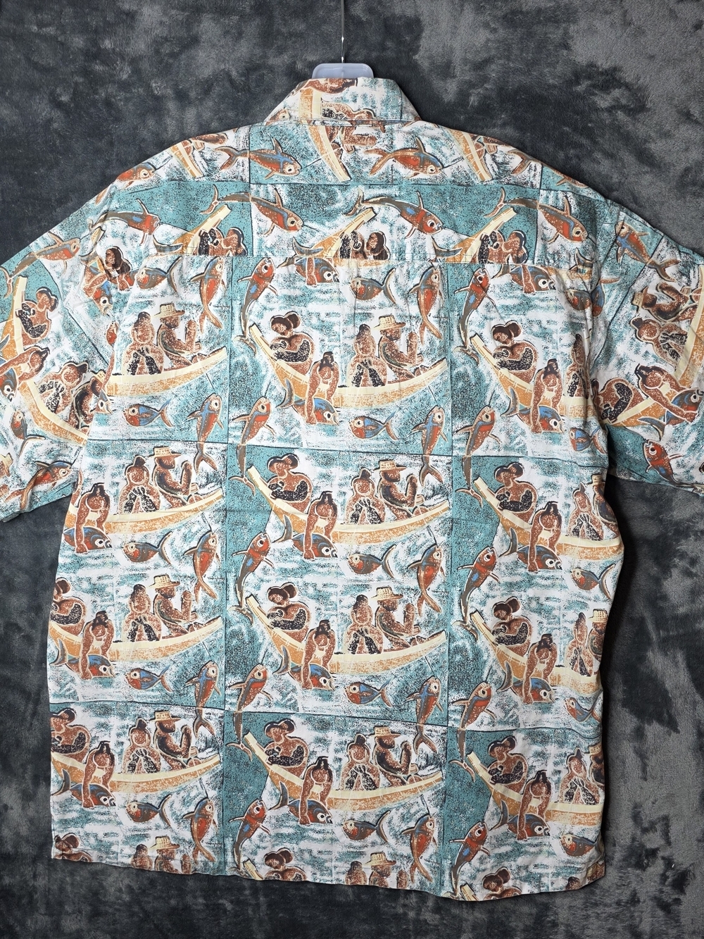 Vintage Kahala Hawaiin AOP Button-Up Shirt in Teal & Rust Fish Print Made In USA - Picture 8 of 8